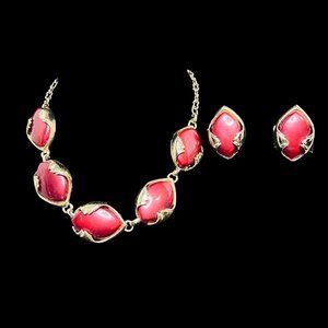 Vintage Gold Tone Thermoset Lucite Choker Necklace And Clip On Earrings (5114)